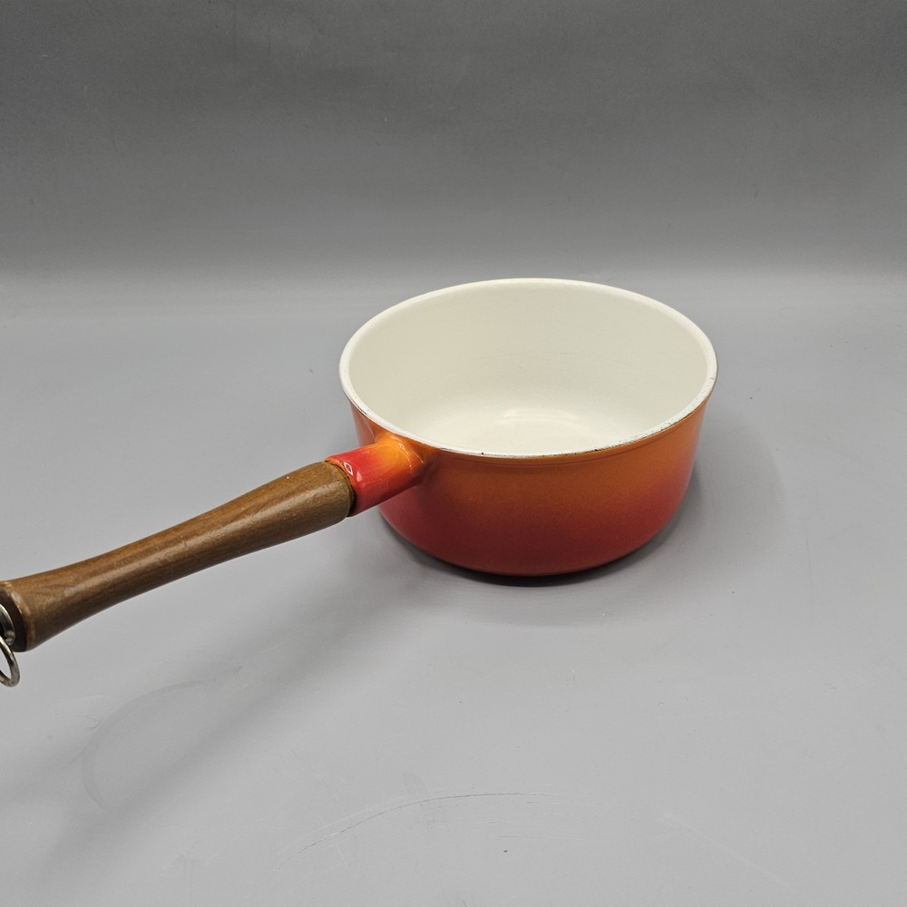 Vtg Descoware Flame Orange Enamel Cast Iron FE‎ 80-C Saucepan Pot 1.5 QT Belgium